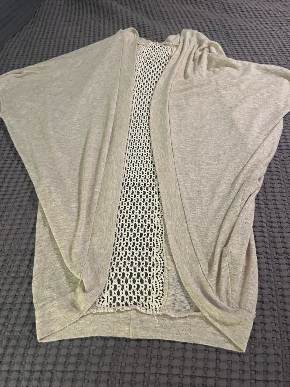 AND Light Gray Open-Front Sweater with Crochet Back Panel